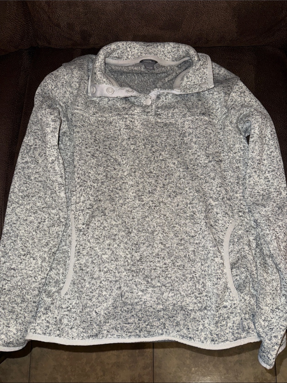 Eddie Bauer Heather Gray Button-Neck Pullover Sweater